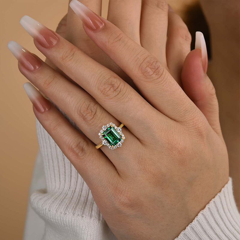 Yellow Gold Halo Emerald Cut Emerald Green Engagement Ring In Sterling Silver