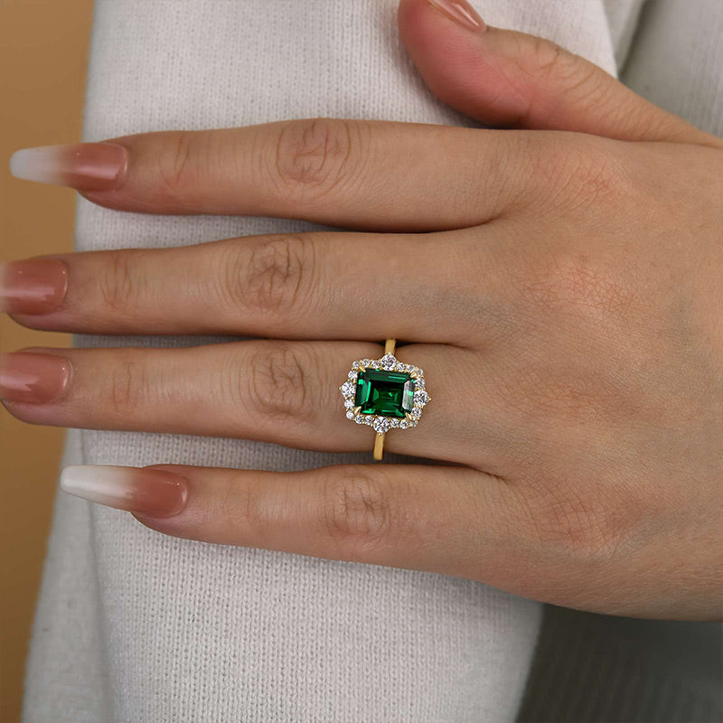 Yellow Gold Halo Emerald Cut Emerald Green Engagement Ring In Sterling Silver