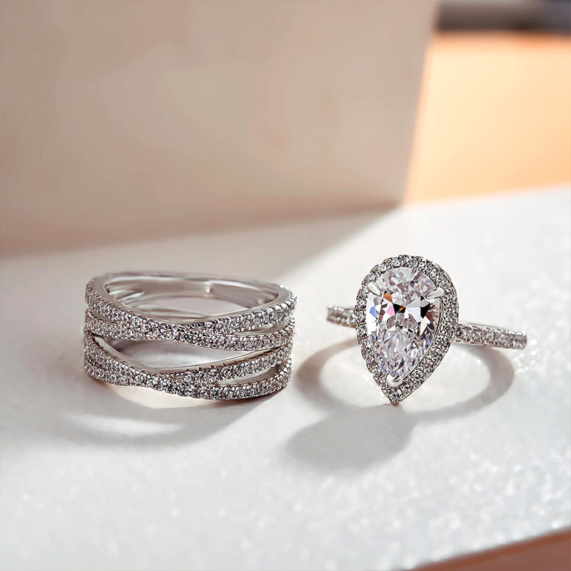 Classic Halo Pear Cut Insert Wedding Ring Set In Sterling Silver
