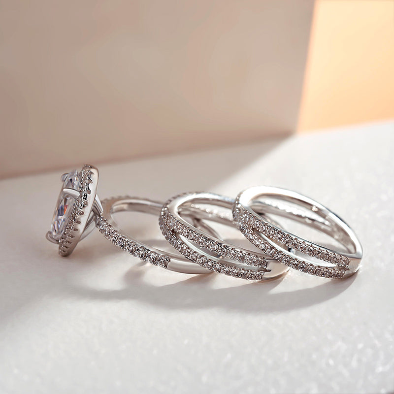 Classic Halo Pear Cut Insert Wedding Ring Set In Sterling Silver