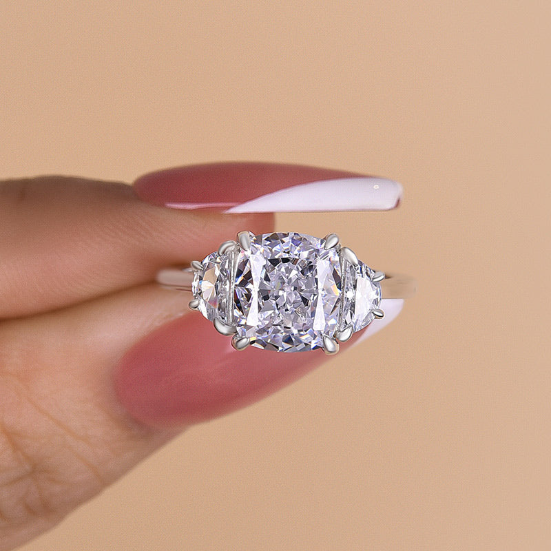 Elegant Cushion Cut Three Stone Engagement Ring In Sterling Silver