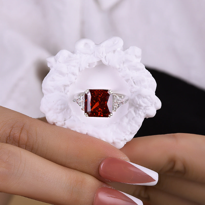 Ruby Radiant Cut Three Stone Engagement Ring With Triangle Cut Site-stones