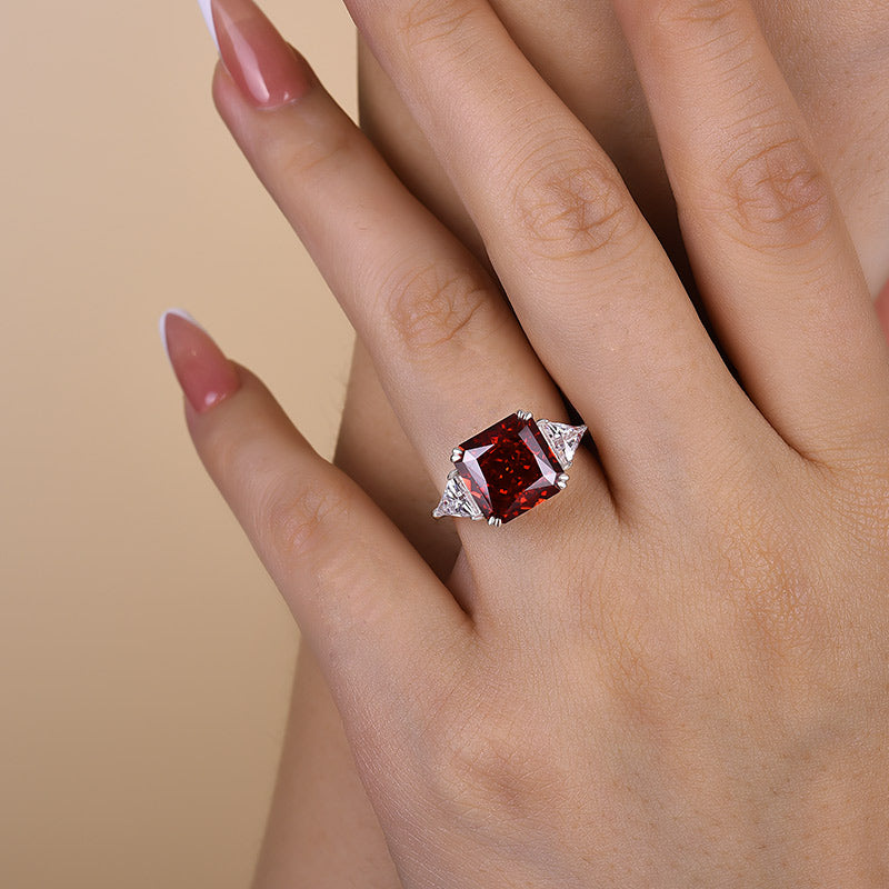 Ruby Radiant Cut Three Stone Engagement Ring With Triangle Cut Site-stones