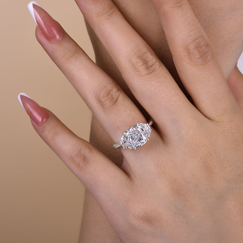 Elegant Cushion Cut Three Stone Engagement Ring In Sterling Silver
