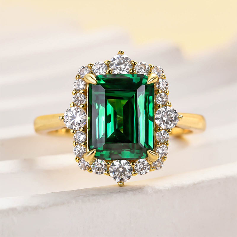 Yellow Gold Halo Emerald Cut Emerald Green Engagement Ring In Sterling Silver