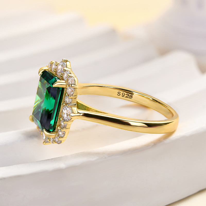 Yellow Gold Halo Emerald Cut Emerald Green Engagement Ring In Sterling Silver