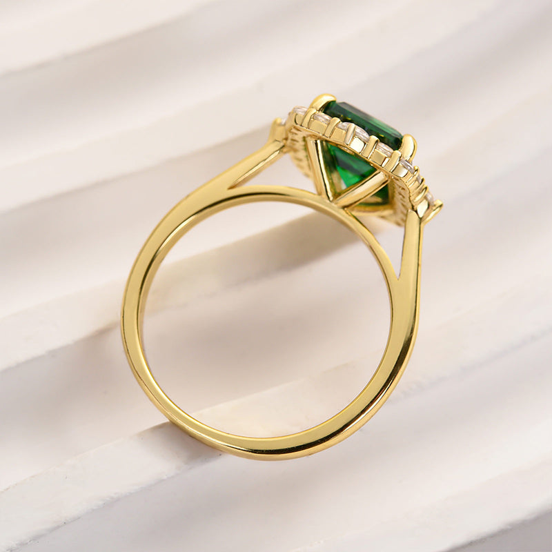 Yellow Gold Halo Emerald Cut Emerald Green Engagement Ring In Sterling Silver