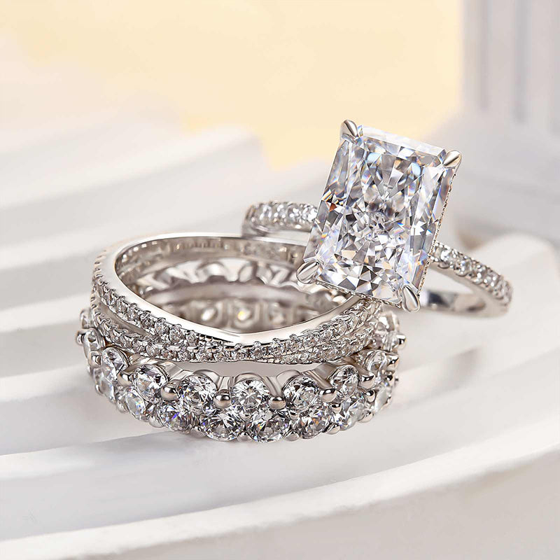 Excellent Crushed Ice Radiant Cut 4PC Wedding Ring Set
