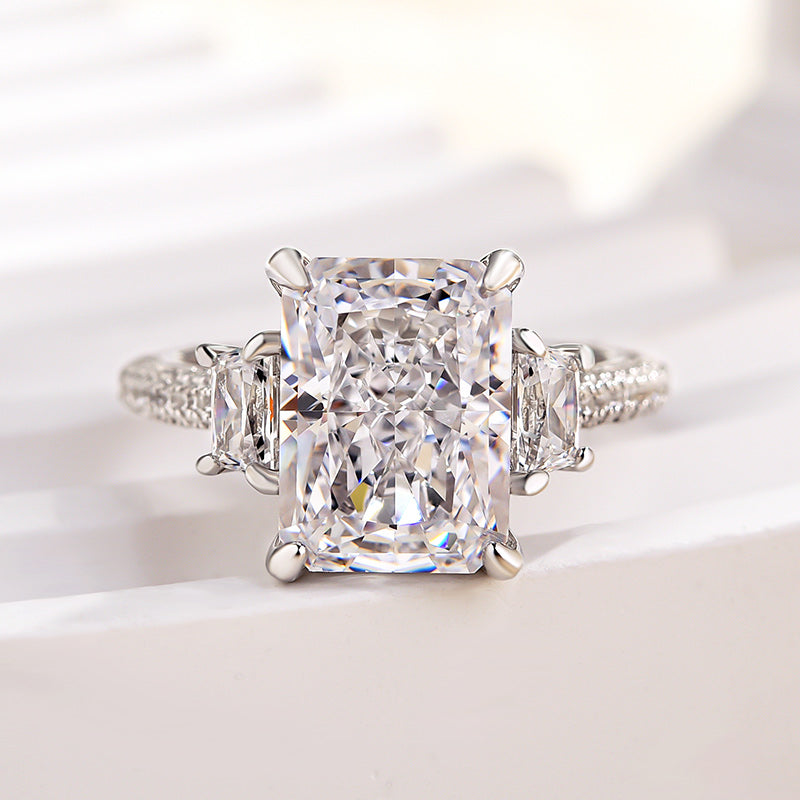 Stunning Crushed Ice Radiant Cut Three Stone Engagement Ring In Sterling Silver