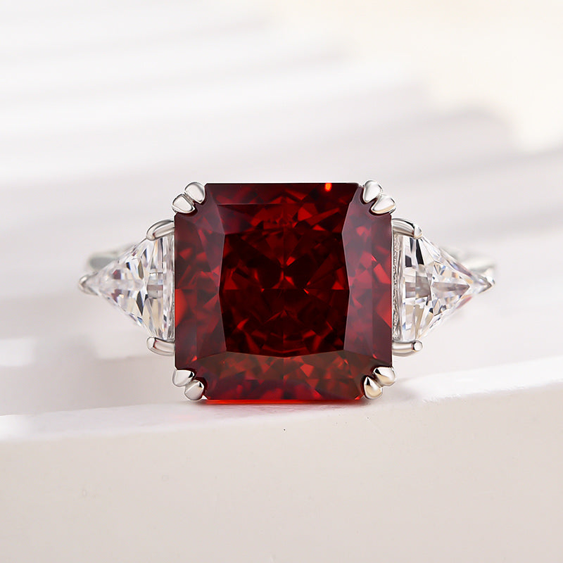 Ruby Radiant Cut Three Stone Engagement Ring With Triangle Cut Site-stones