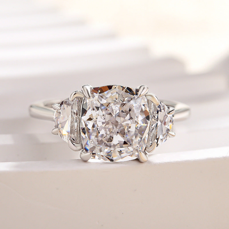Elegant Cushion Cut Three Stone Engagement Ring In Sterling Silver