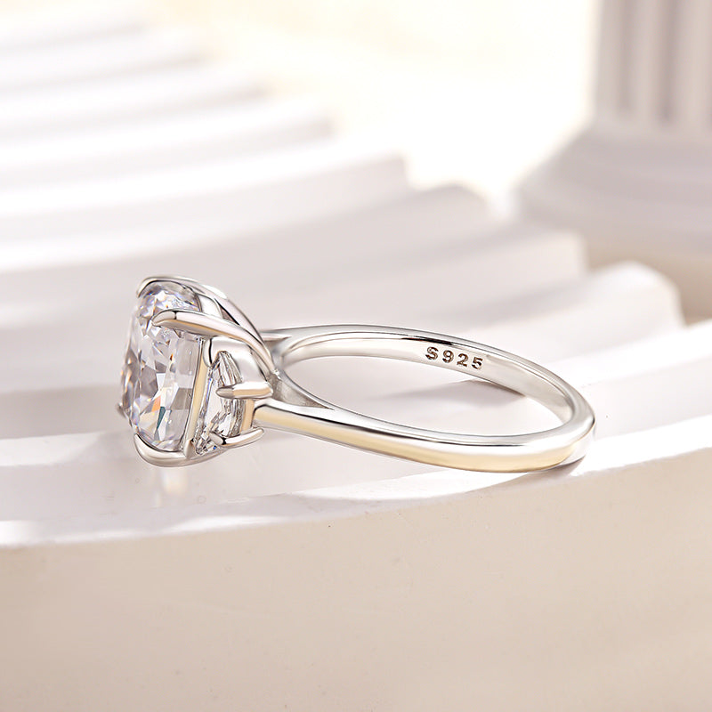 Elegant Cushion Cut Three Stone Engagement Ring In Sterling Silver
