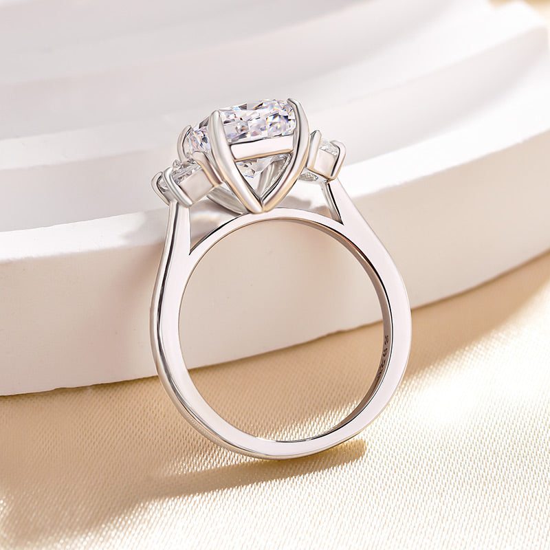 Elegant Cushion Cut Three Stone Engagement Ring In Sterling Silver