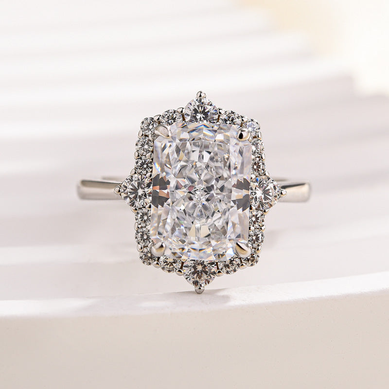 Stunning Halo Radiant Cut Simulated Diamond Engagement Ring In Sterling Silver