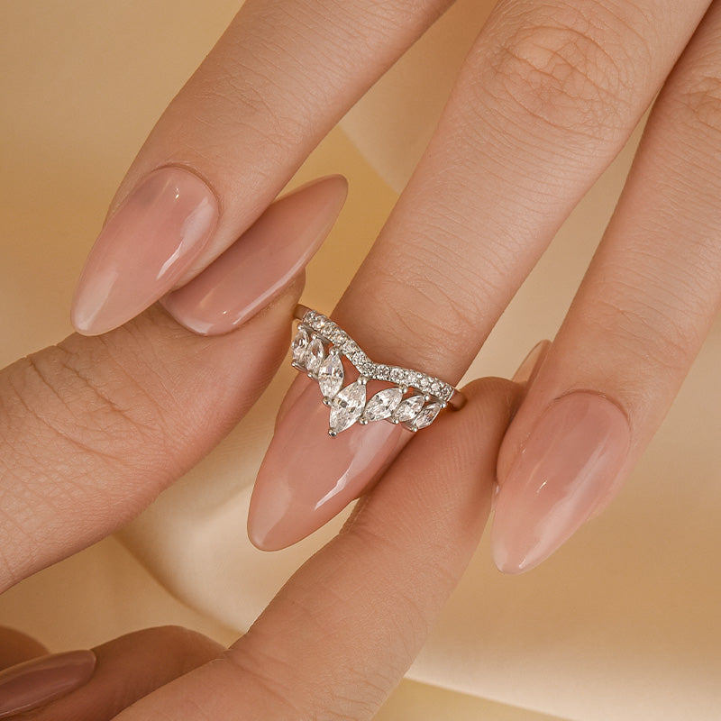 Crown Shaped Curved Design Thin Stacking Wedding Band In Sterling Silver