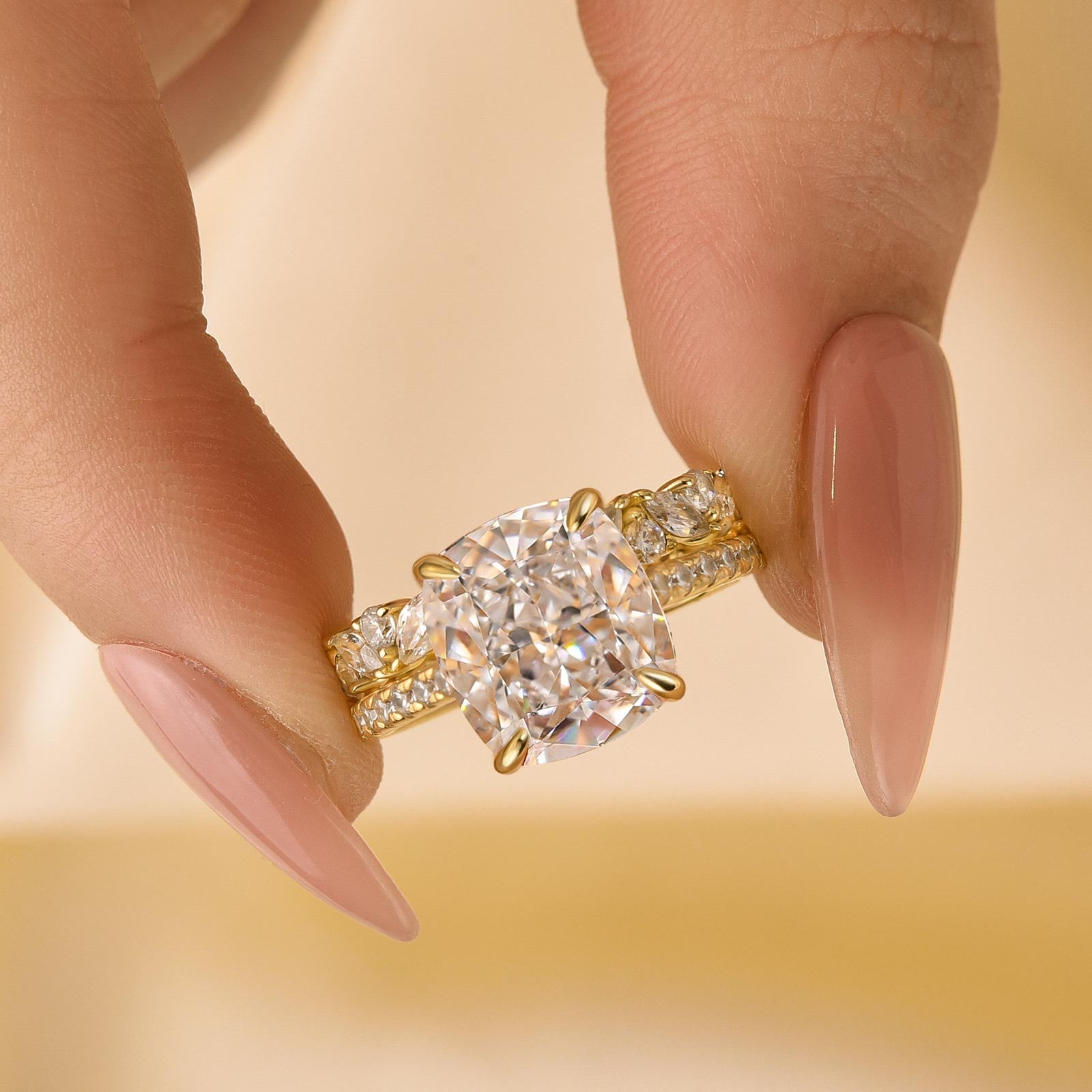 4.5Ct Cushion Cut Wedding Ring Set With Marquise Cut & Round Cut Wedding Band