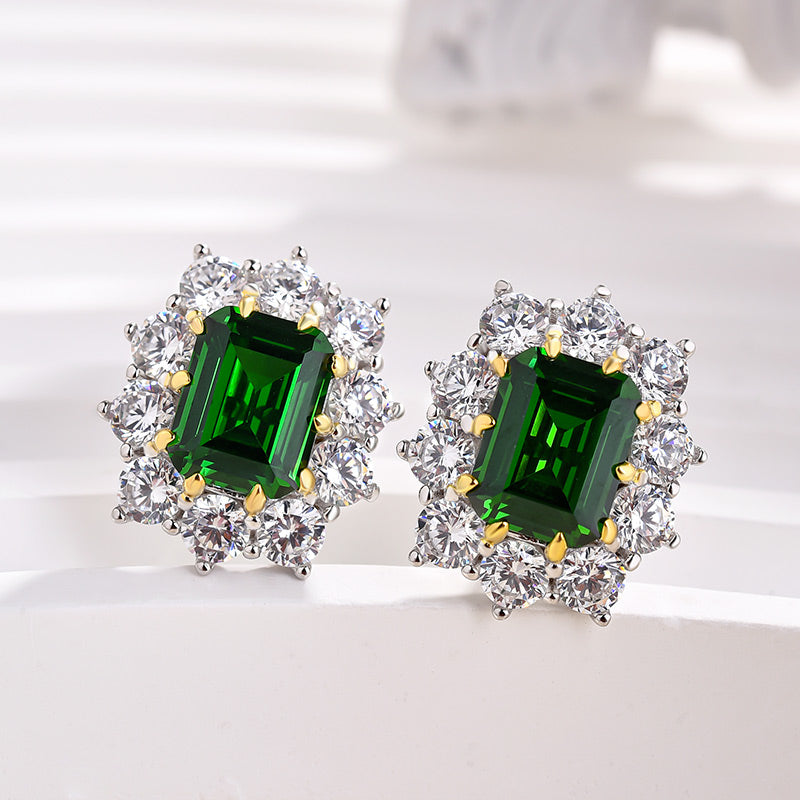 Gorgeous Halo Emerald Cut Emerald Green 2PC Jewelry Set