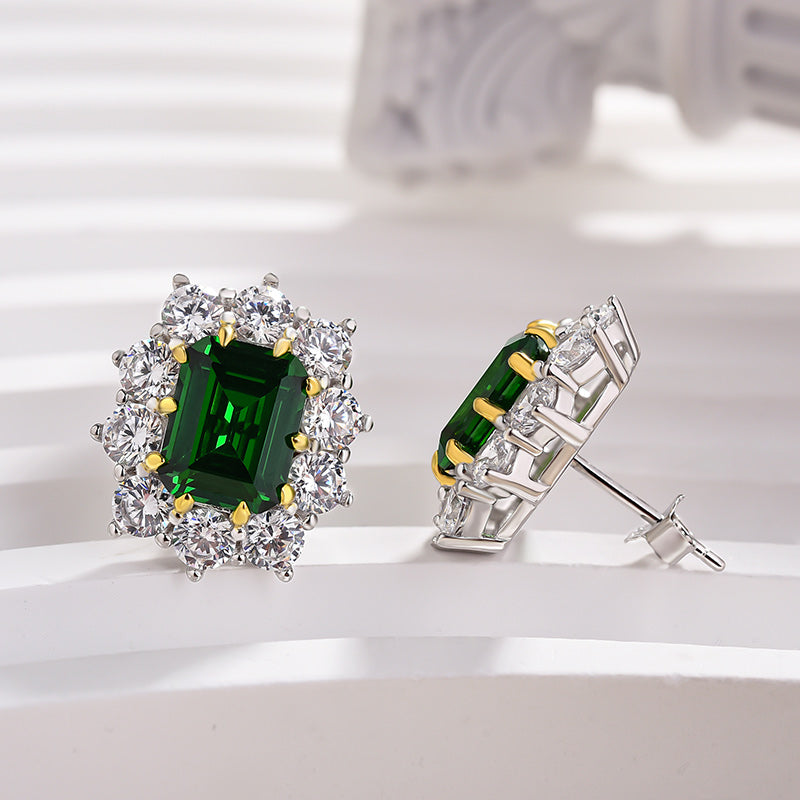 4.5Ct Vintage Flower Design Emerald Cut Emerald Green Earrings In Sterling Silver