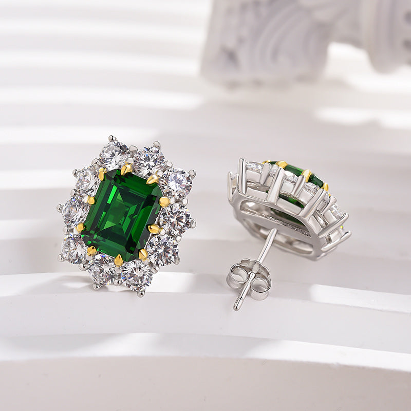 4.5Ct Vintage Flower Design Emerald Cut Emerald Green Earrings In Sterling Silver