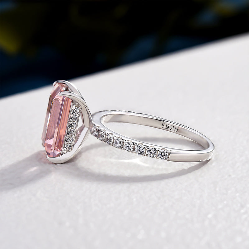 Elegant Emerald Cut Morganite Pink Women's Engagement Ring In Sterling Silver