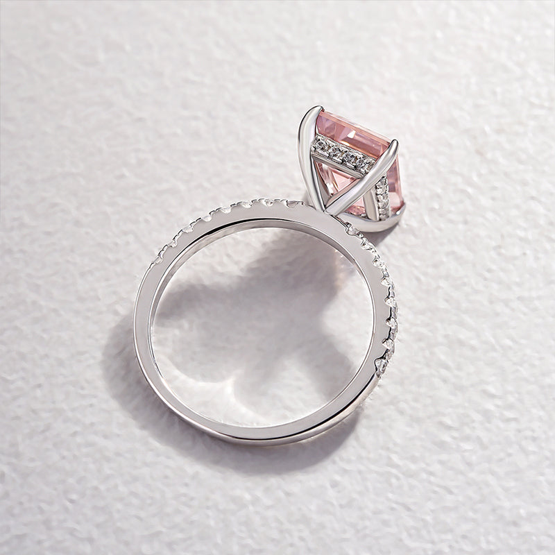Elegant Emerald Cut Morganite Pink Women's Engagement Ring In Sterling Silver