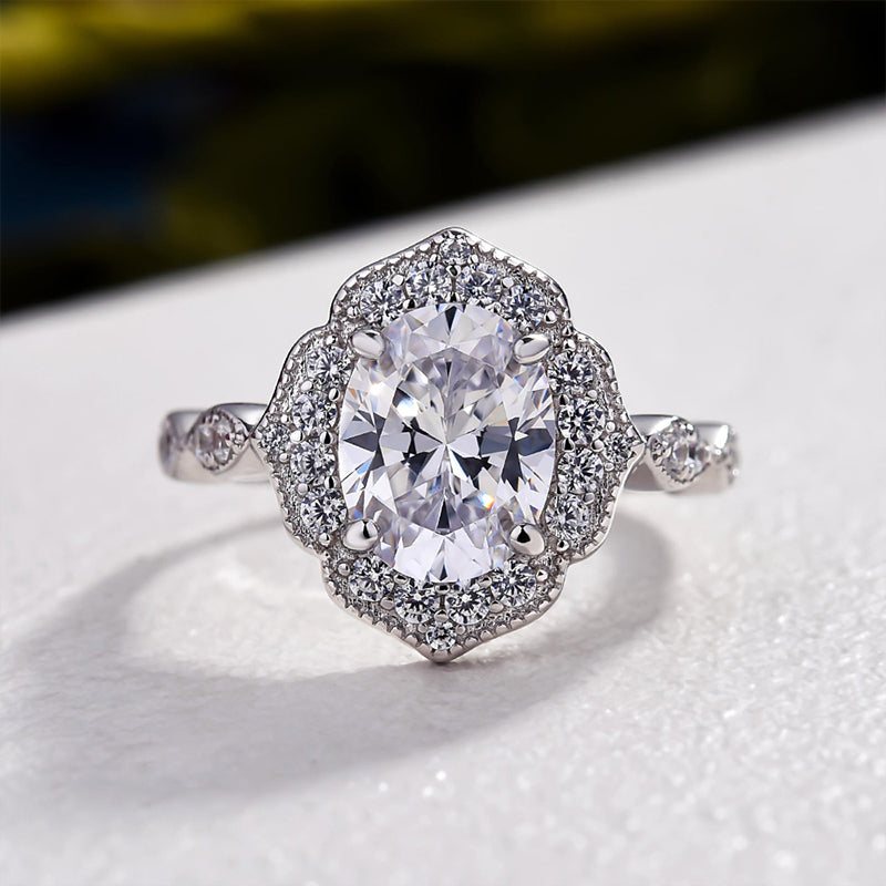 Vintage Halo Oval Cut Engagement Ring In Sterling Silver
