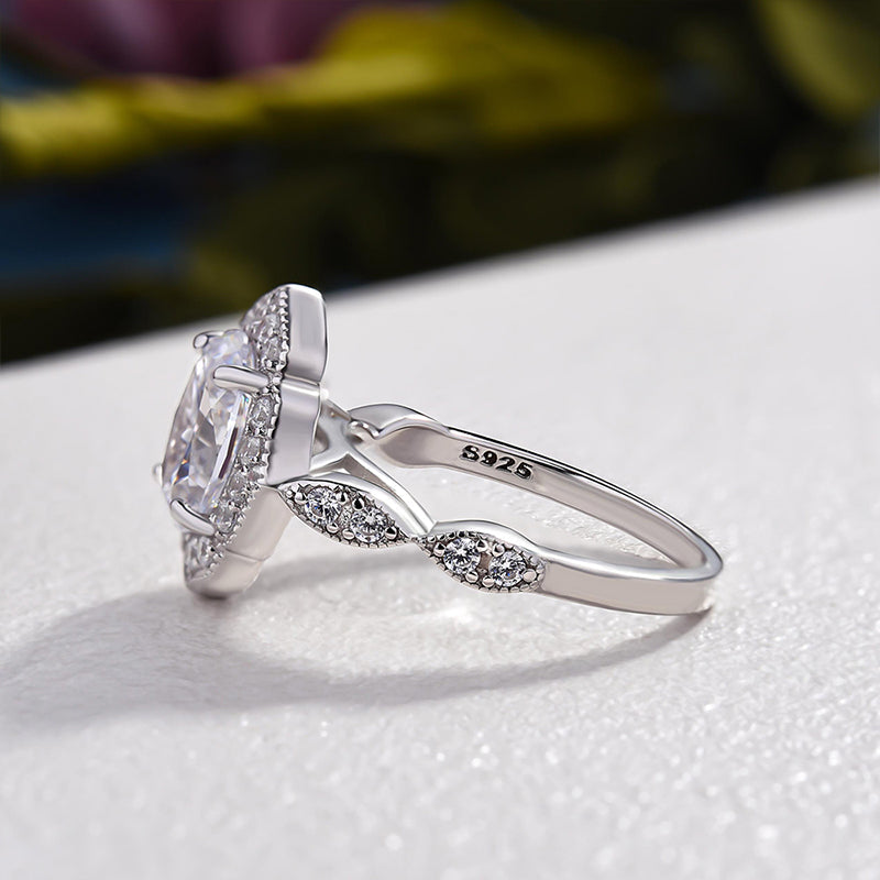 Vintage Halo Oval Cut Engagement Ring In Sterling Silver