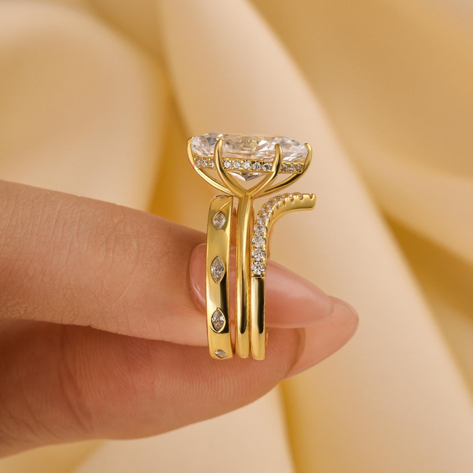 3PC Marquise Cut Yellow Gold Wedding Ring Set With Vintage Wedding Bands