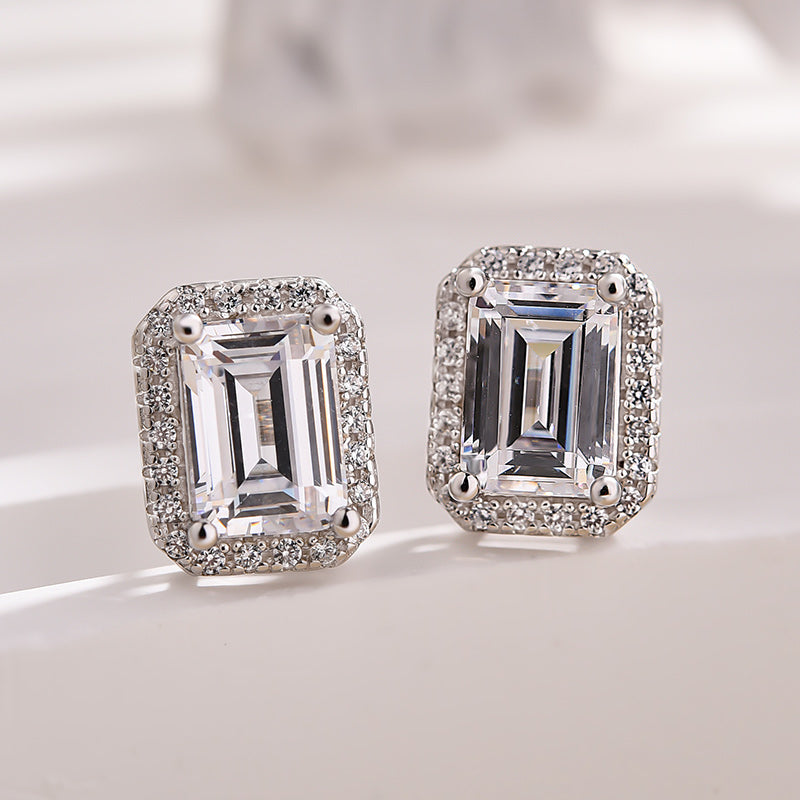 1.5Ct Sparkle Halo Emerald Cut Women's Stud Earrings In Sterling Silver