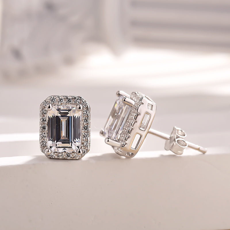 1.5Ct Sparkle Halo Emerald Cut Women's Stud Earrings In Sterling Silver