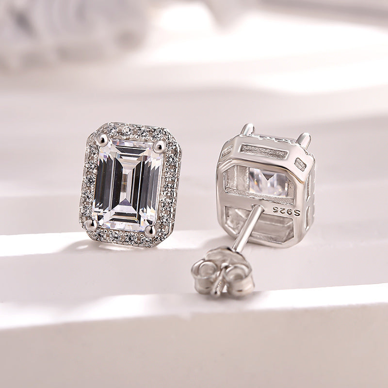 1.5Ct Sparkle Halo Emerald Cut Women's Stud Earrings In Sterling Silver