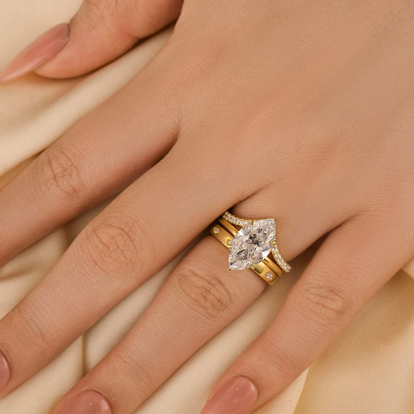 3PC Marquise Cut Yellow Gold Wedding Ring Set With Vintage Wedding Bands
