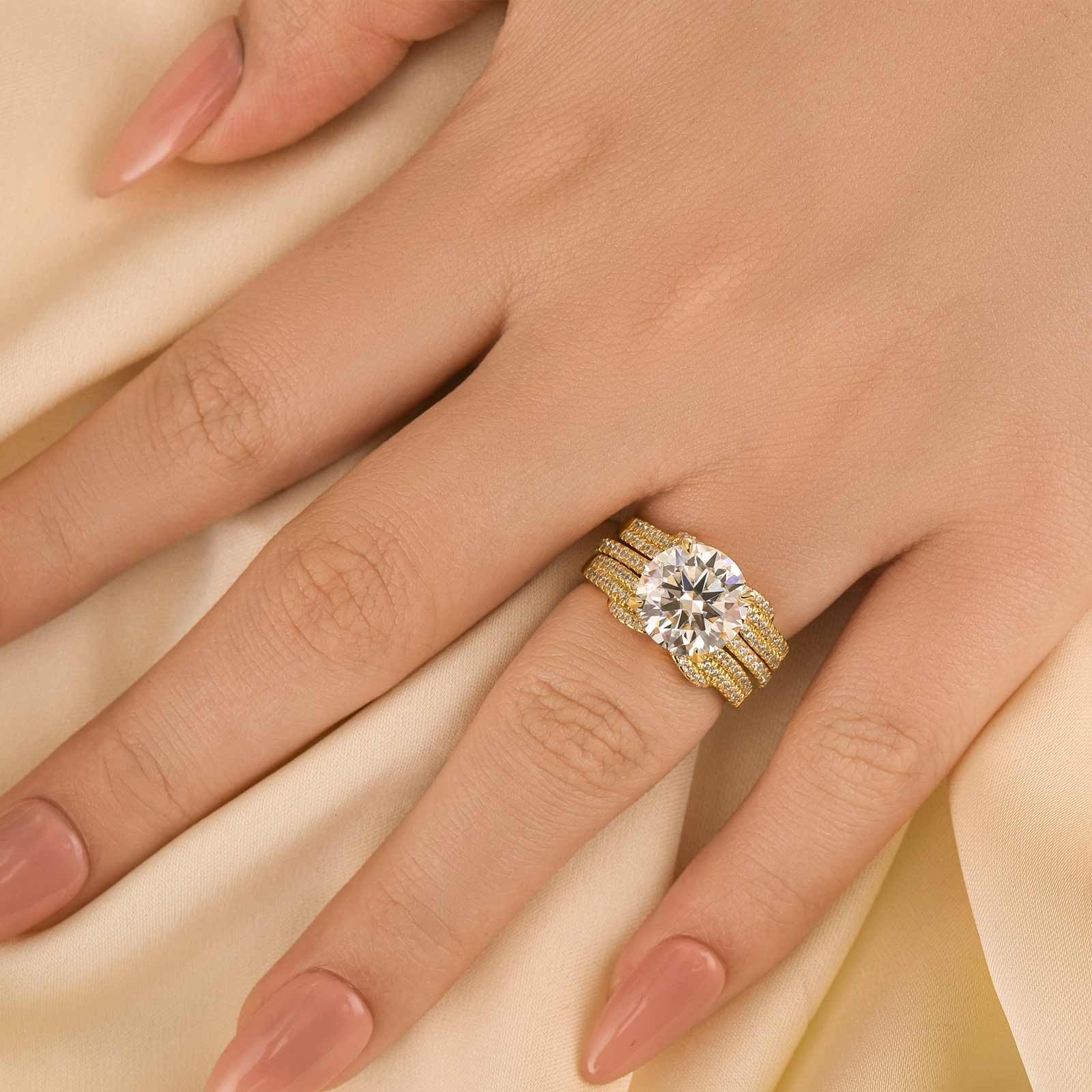 Round Cut Yellow Gold Insert Wedding Ring Set With Jacket Wedding Band