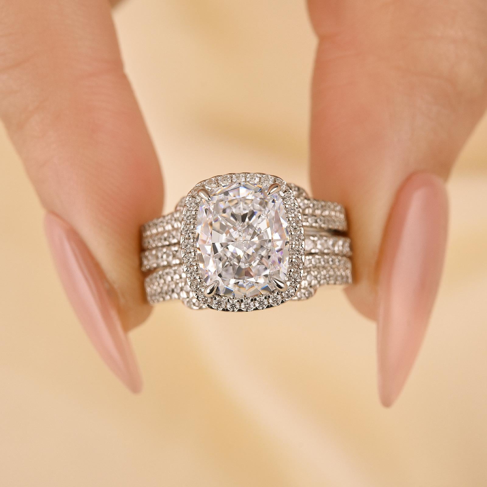 Halo Cushion Cut Insert Wedding Ring Set With Jacket Wedding Band