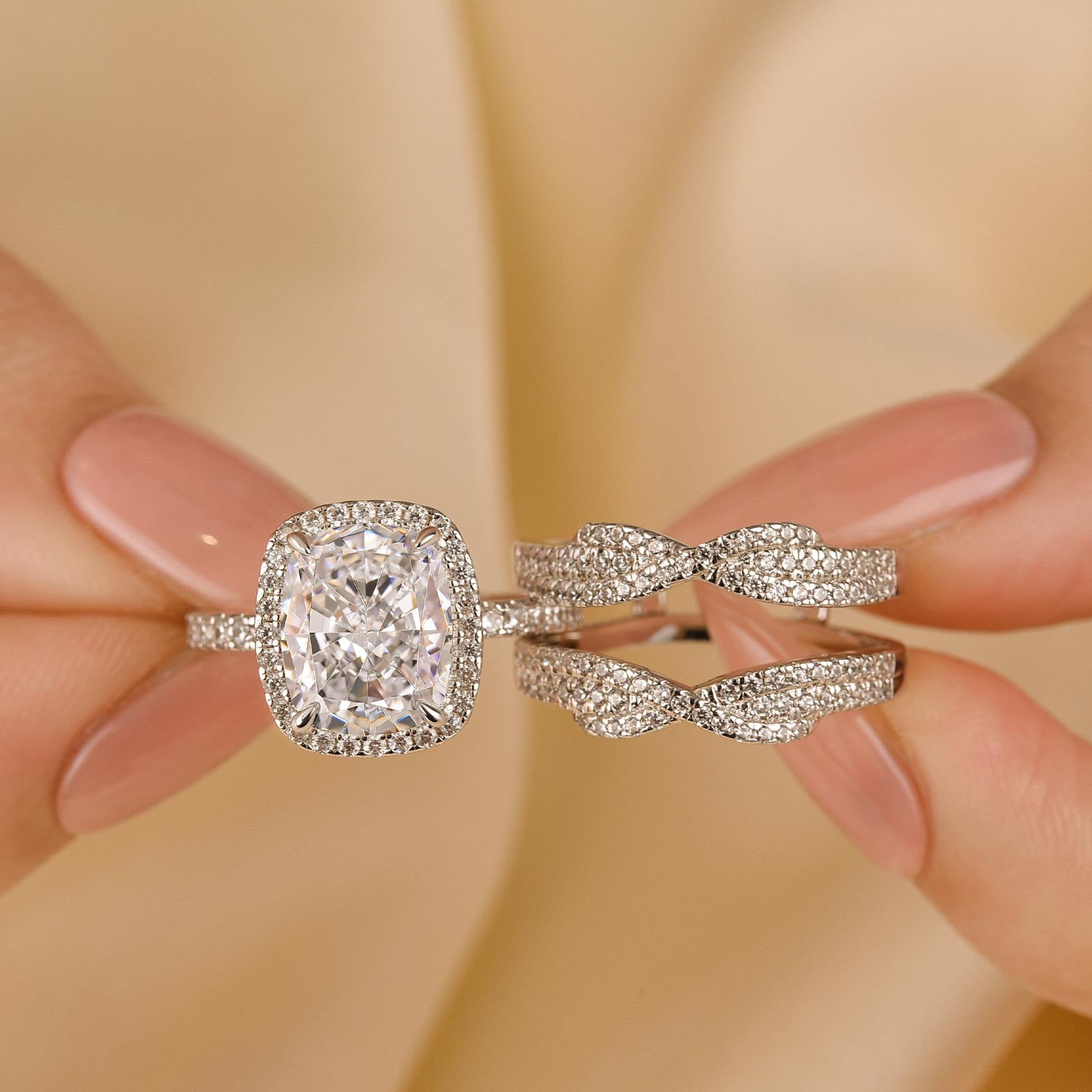 Halo Cushion Cut Insert Wedding Ring Set With Jacket Wedding Band