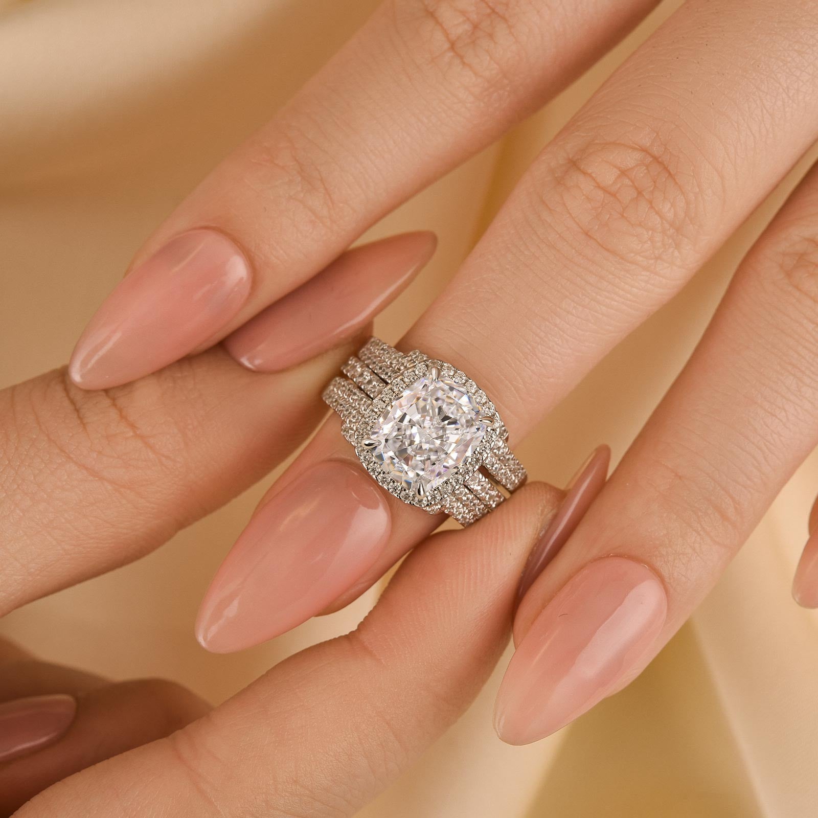 Halo Cushion Cut Insert Wedding Ring Set With Jacket Wedding Band