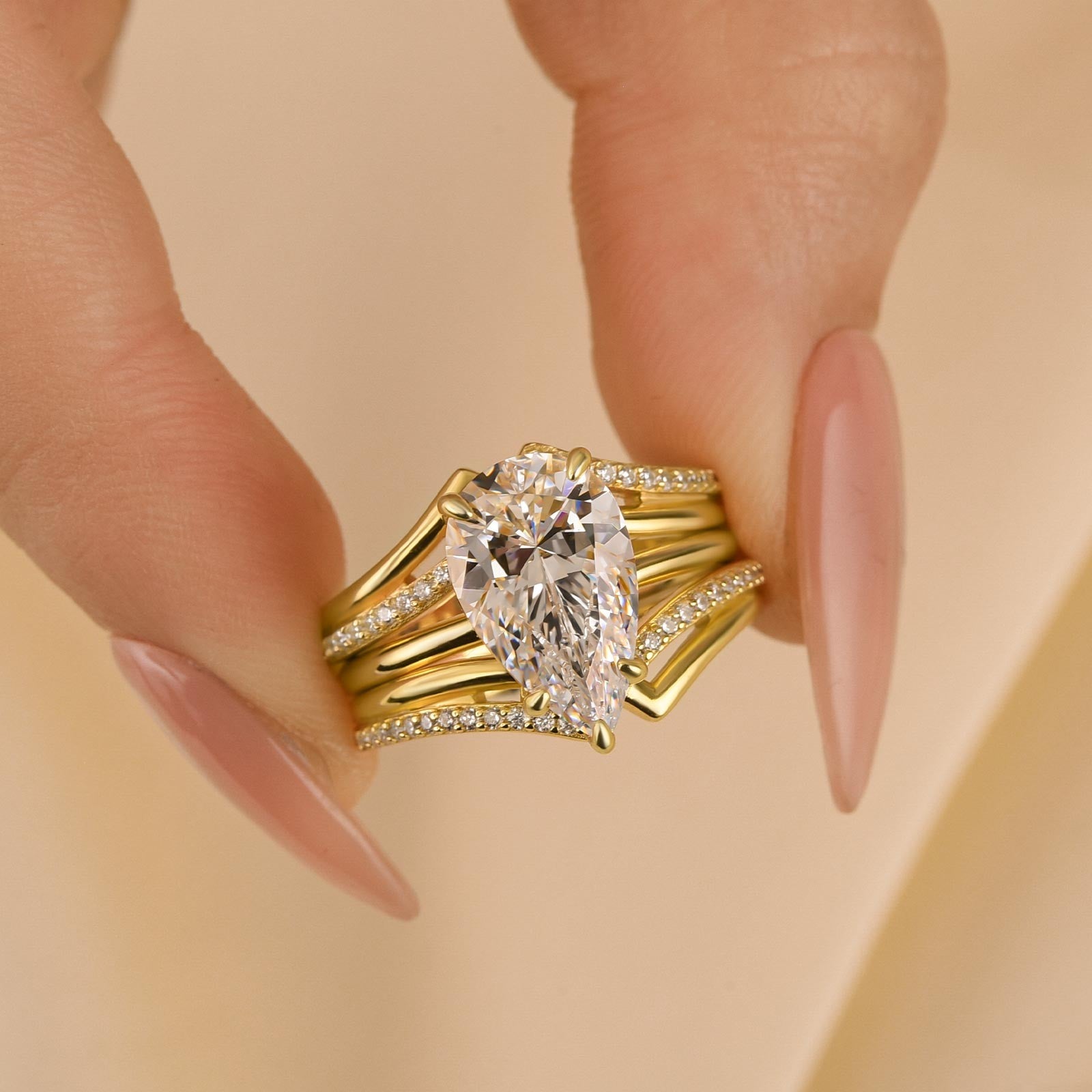 3PC Pear Cut Yellow Gold Wedding Ring Set With Two Curved Wedding Bands