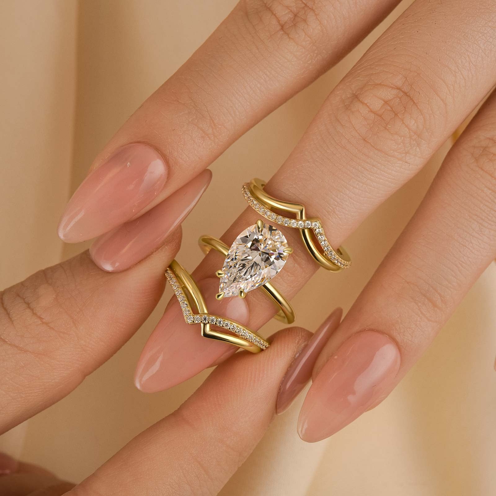3PC Pear Cut Yellow Gold Wedding Ring Set With Two Curved Wedding Bands