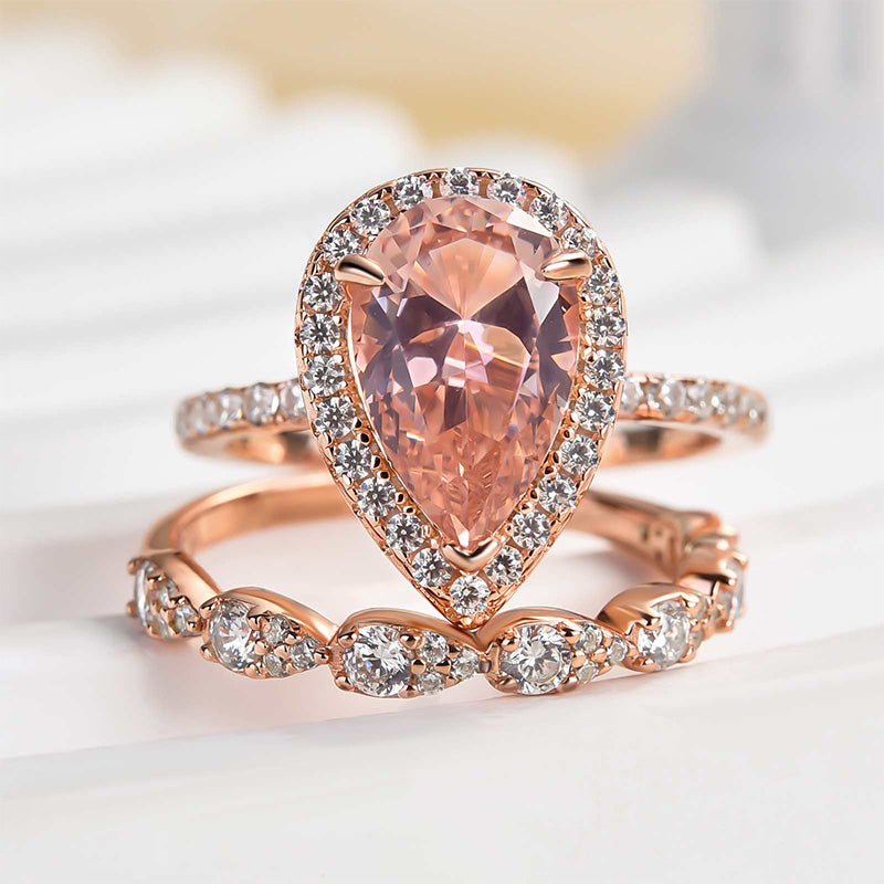 Rose Gold Halo 2.2 Carat Pear Cut Peachy Pink Stone Wedding Set For Women