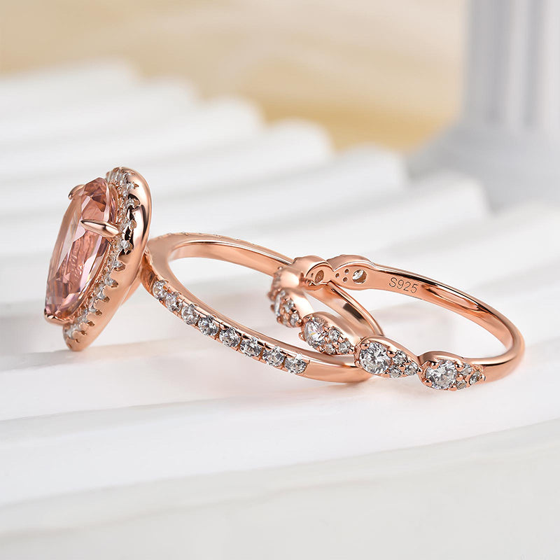 Rose Gold Halo 2.2 Carat Pear Cut Peachy Pink Stone Wedding Set For Women