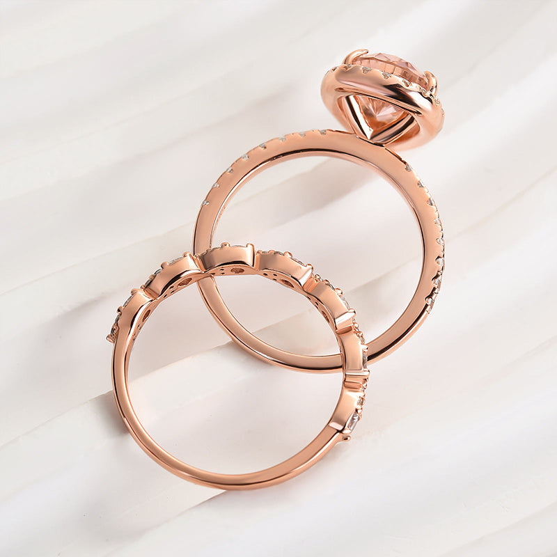 Rose Gold Halo 2.2 Carat Pear Cut Peachy Pink Stone Wedding Set For Women