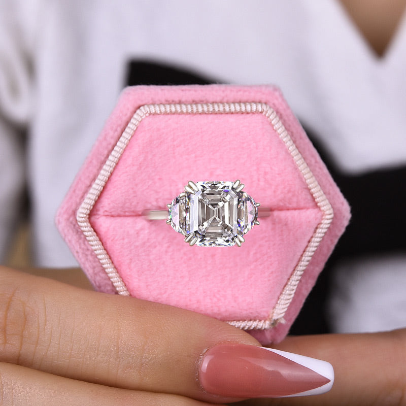 Stunning 4.5 Carat Asscher Cut Three Stone Women's Engagement Ring In Sterling Silver
