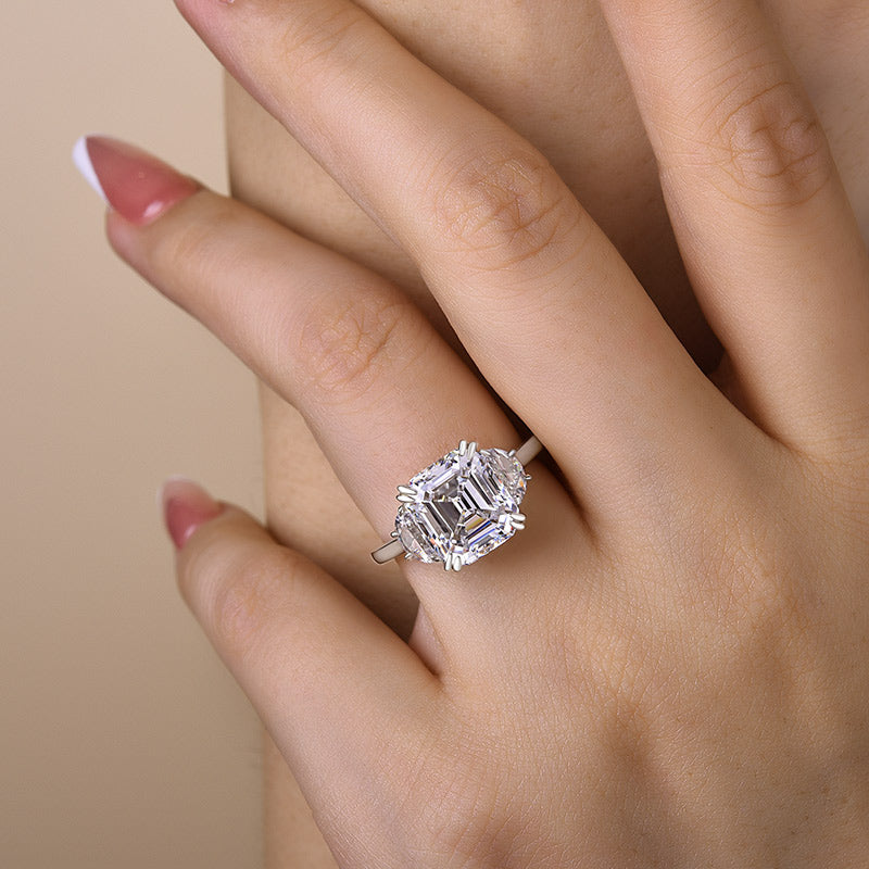 Stunning 4.5 Carat Asscher Cut Three Stone Women's Engagement Ring In Sterling Silver