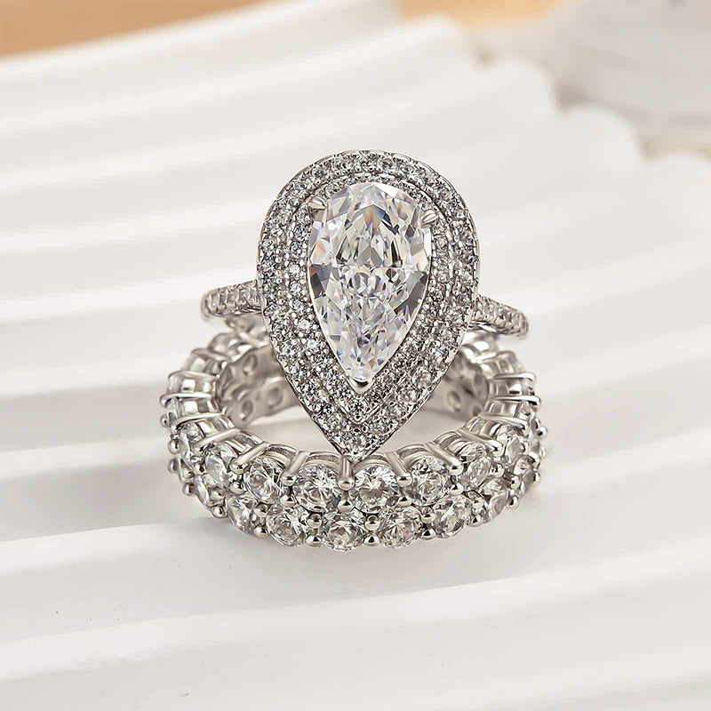 Eternity Double Halo Pear Cut 3-Pieces Wedding Set In Sterling Silver