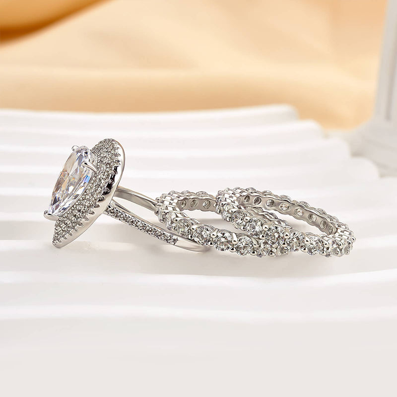 Eternity Double Halo Pear Cut 3-Pieces Wedding Set In Sterling Silver