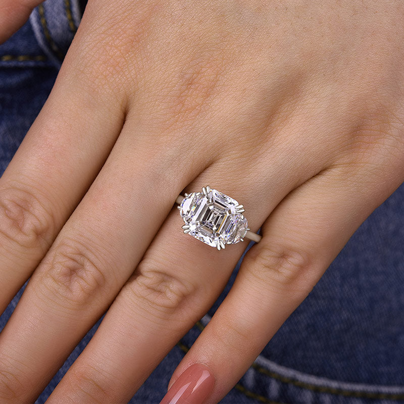 Stunning 4.5 Carat Asscher Cut Three Stone Women's Engagement Ring In Sterling Silver