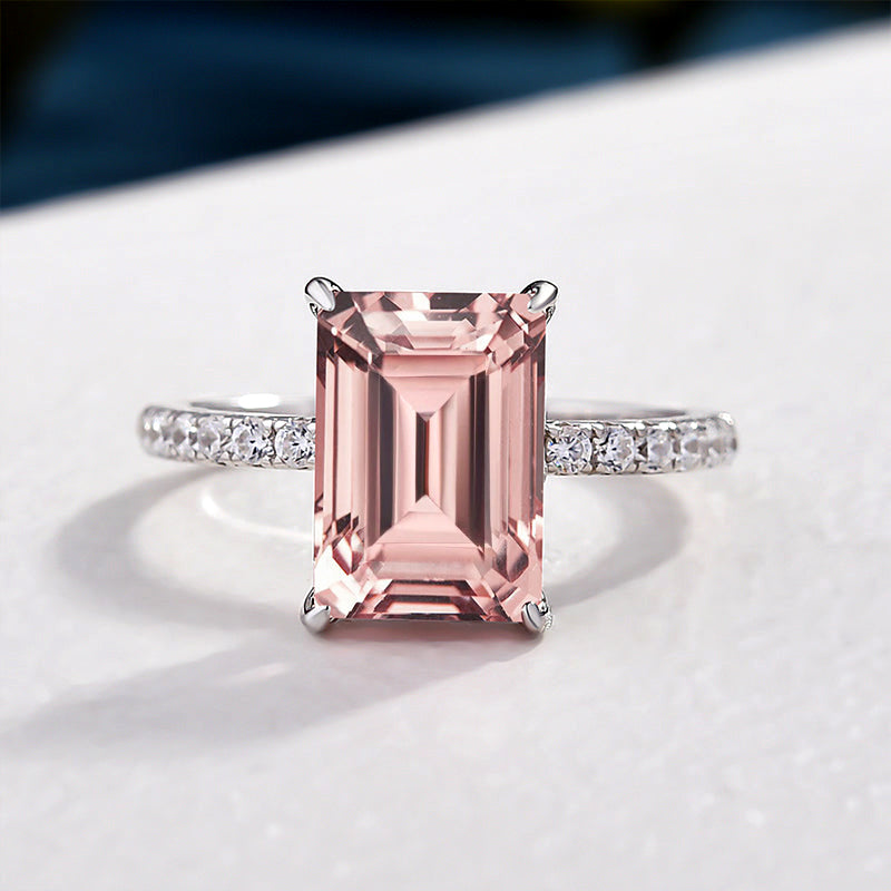 Elegant Emerald Cut Morganite Pink Women's Engagement Ring In Sterling Silver