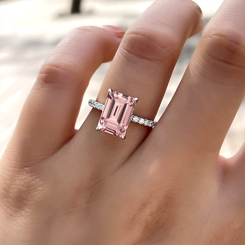 Elegant Emerald Cut Morganite Pink Women's Engagement Ring In Sterling Silver