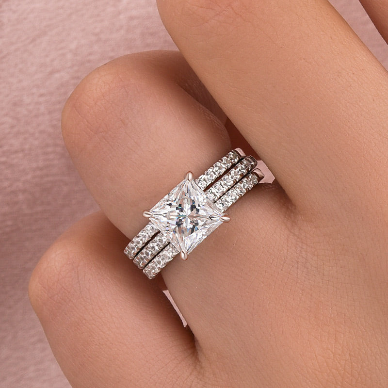 2.0Ct Princess Cut Pavé White Gold Moissanite Diamond Wedding Ring