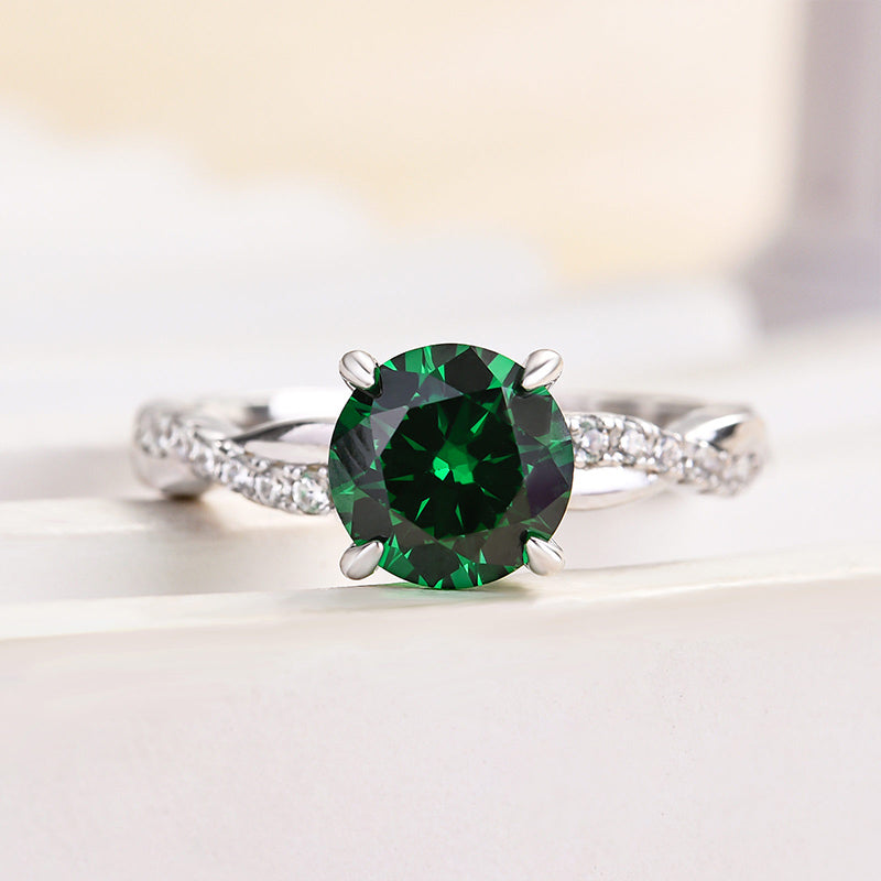 Twist Round Cut Emerald Green Engagement Ring In Sterling Silver